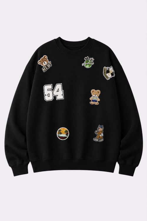 Testing Teddy Bear Patch Black Crew Neck Sweatshirt